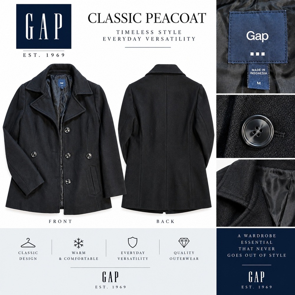 Gap Black Wool Blend Peacoat Jacket Womens Medium Classic Button Coat
